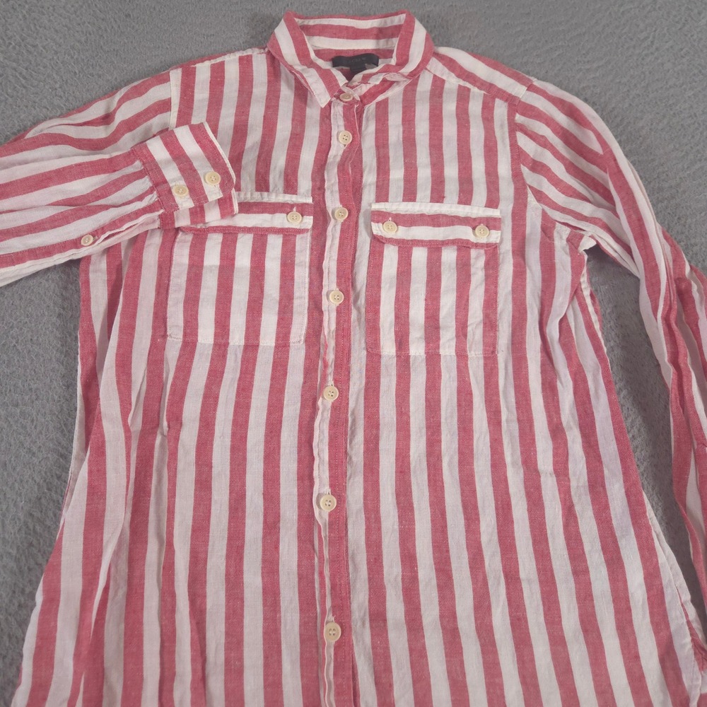 J.Crew Top Womens 4 Red White Striped 100% Linen Button Down Pocket Long Sleeve